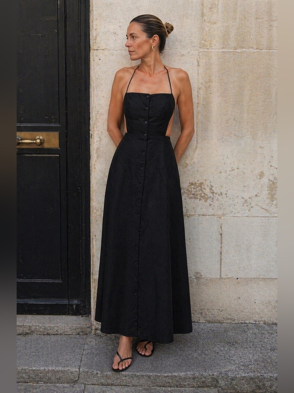 Reformation Black Halter Midi Dress Open Back Button Front
Size 2